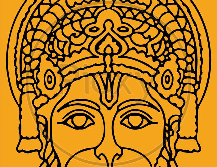 Sketch Of Indian Powerful And Strong God Lord Hanuman Or Aanjaneya Closeup Face, Mask Outline Editable Illustration