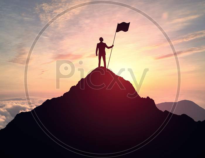 Man With Flag On Top Of Mountain