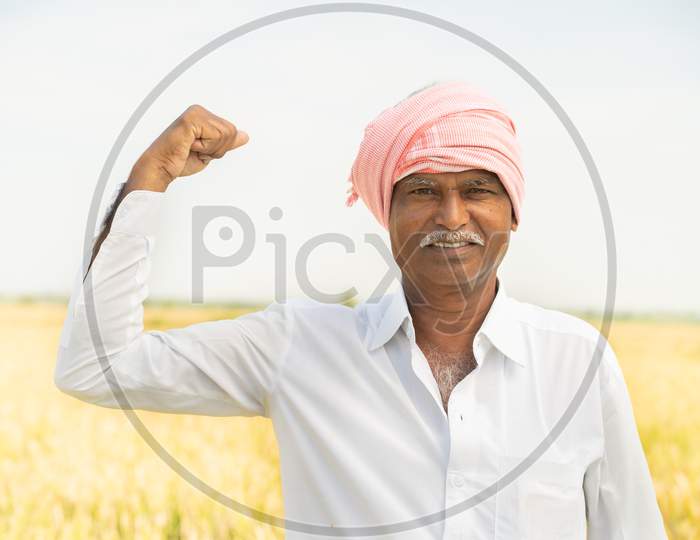 Indian Farmer Standing In Front Of Agriculture Land And Showing Strength Gesture - Concept Showing Of Agricultural Farmland Is Farmers Strength