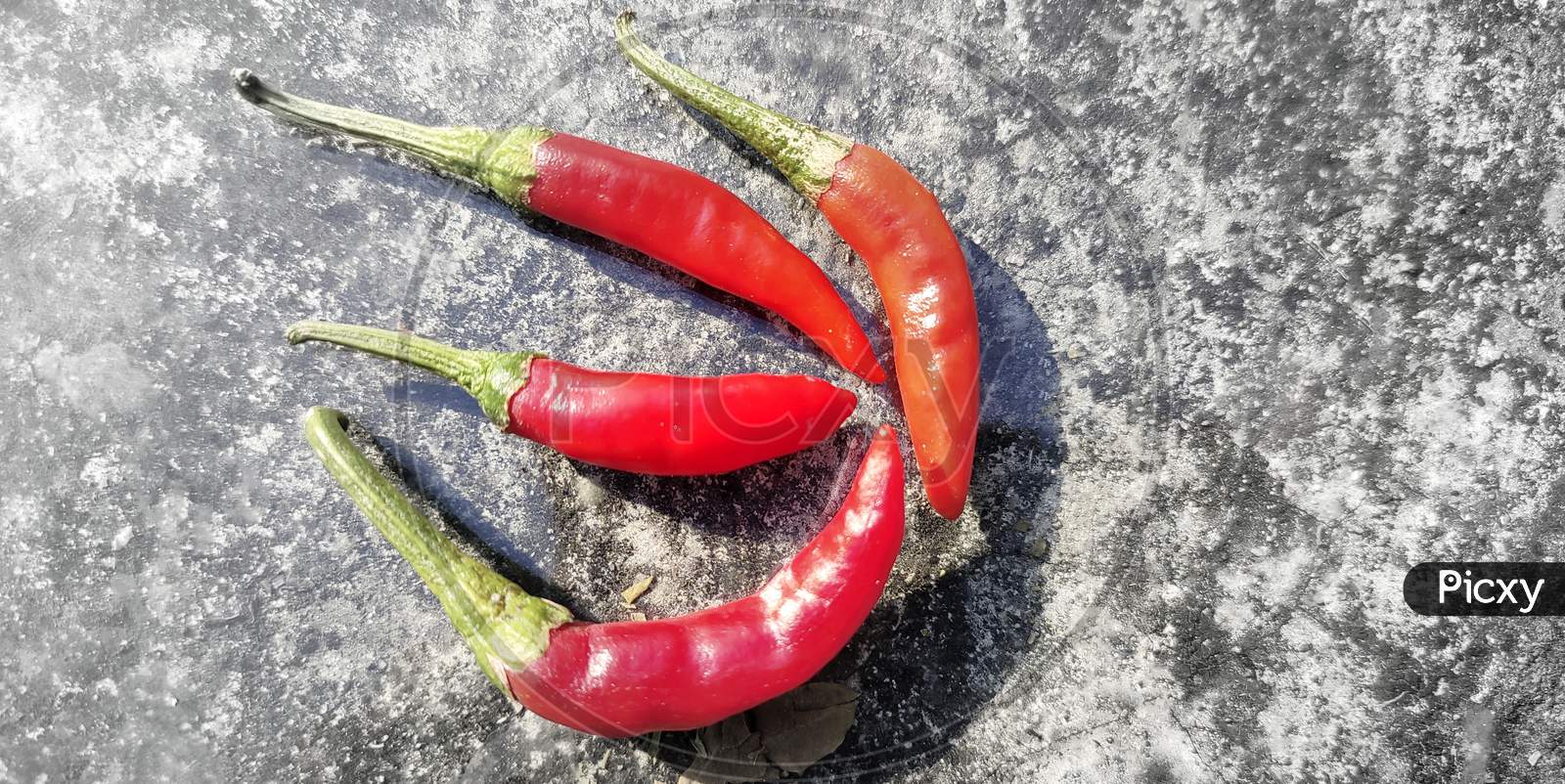 Top View Of Spicy Red Chili Peppers On Unique Gray White Background With Copy Space.