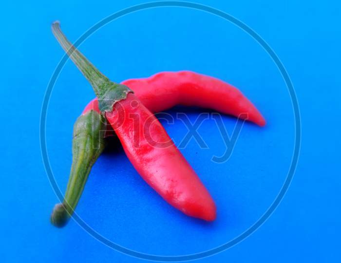 Top View Of Spicy Red Chili Peppers On Blue Background With Copy Space.
