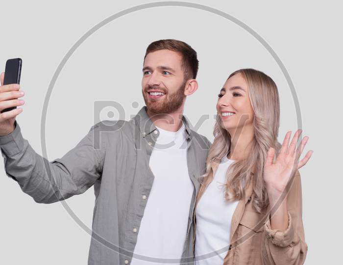 Couple Taking Selfie Girl Waving Hand Isolated. Couple, Lovers, Family, Friends Concept