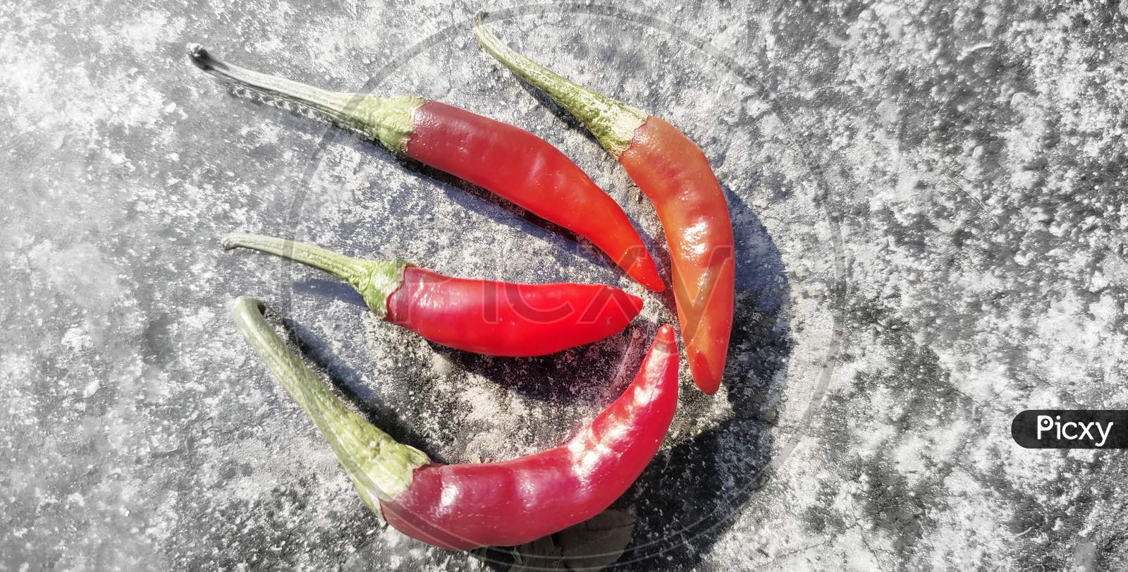 Top View Of Spicy Red Chili Peppers On Unique Gray White Background With Copy Space.