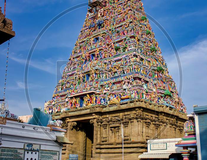 Chennai, India - October 27, 2018: Exterior Of Arulmigu Kapaleeswarar Temple An Ancient Hindu Architecture Temple Located In South India. Hindu Place Of Worship