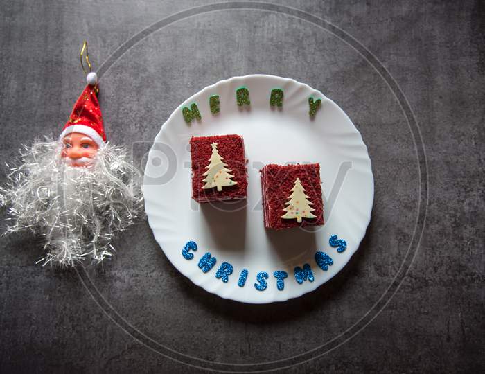 Red velvet pastries with christmas tree design for Merry Christmas
