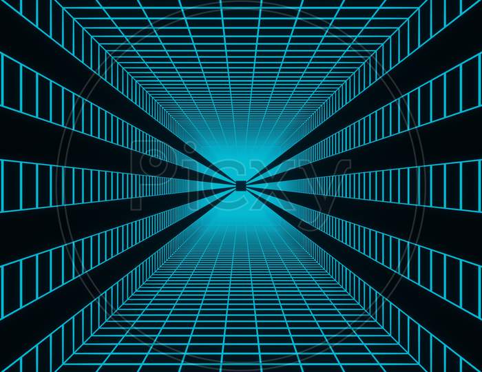 3D Illustration Graphic Of Abstract Lining And Cube Pattern Energy Tunnel In Space, Seamless Loop Flying Into Spaceship Tunnel.