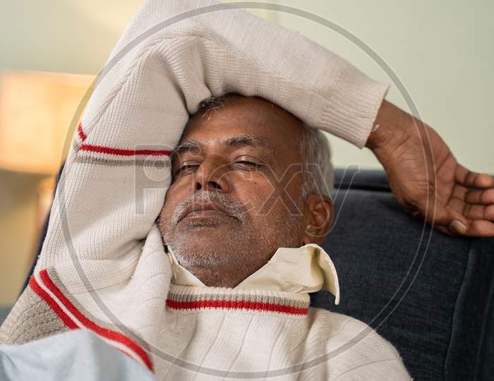 Asian Senior Man Having Nice Sleep On Bed At Home - Concept Of Better Sleep Or Nap And Healthy Lifestyle.