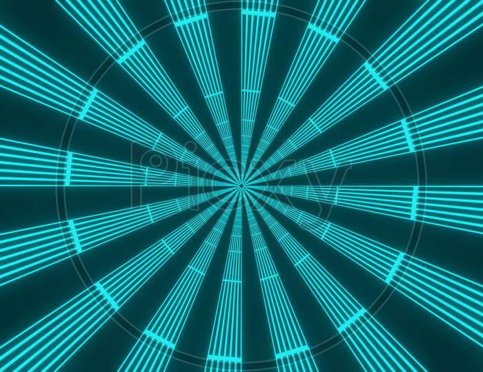 3D Illustration Graphic Of Abstract Lining And Circular Pattern Energy Tunnel In Space, Seamless Loop Flying Into Spaceship Tunnel.