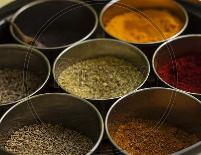 India Spices And Herbs In Steel Bowl