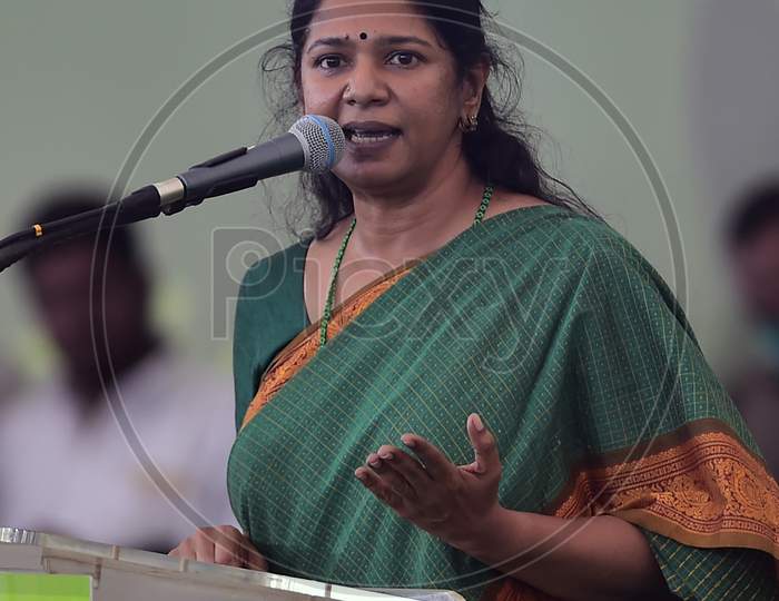 Dravida Munnetra Kazhagam (Dmk) Women'S Wing Secretary Kanimozhi Speaks During A Day-Long Hunger Strike In Support Of Farmers Protesting Against The Three Farm Laws,