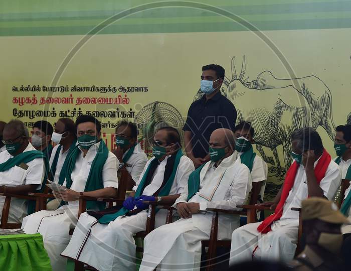 Dravida Munnetra Kazhagam (Dmk) Party President M.K. Stalin, Gestures As Opposition Parties Stage A One Day Fasting Protest Against The Recent Agricultural Reforms, In Chennai On December 18, 2020.