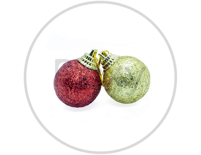Two Christmas Balls On White Background. Christmas Decor And Toys. Clipping Path