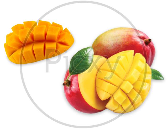 Mango Fruit With Mango Cubes And Slices. Isolated On A White Background