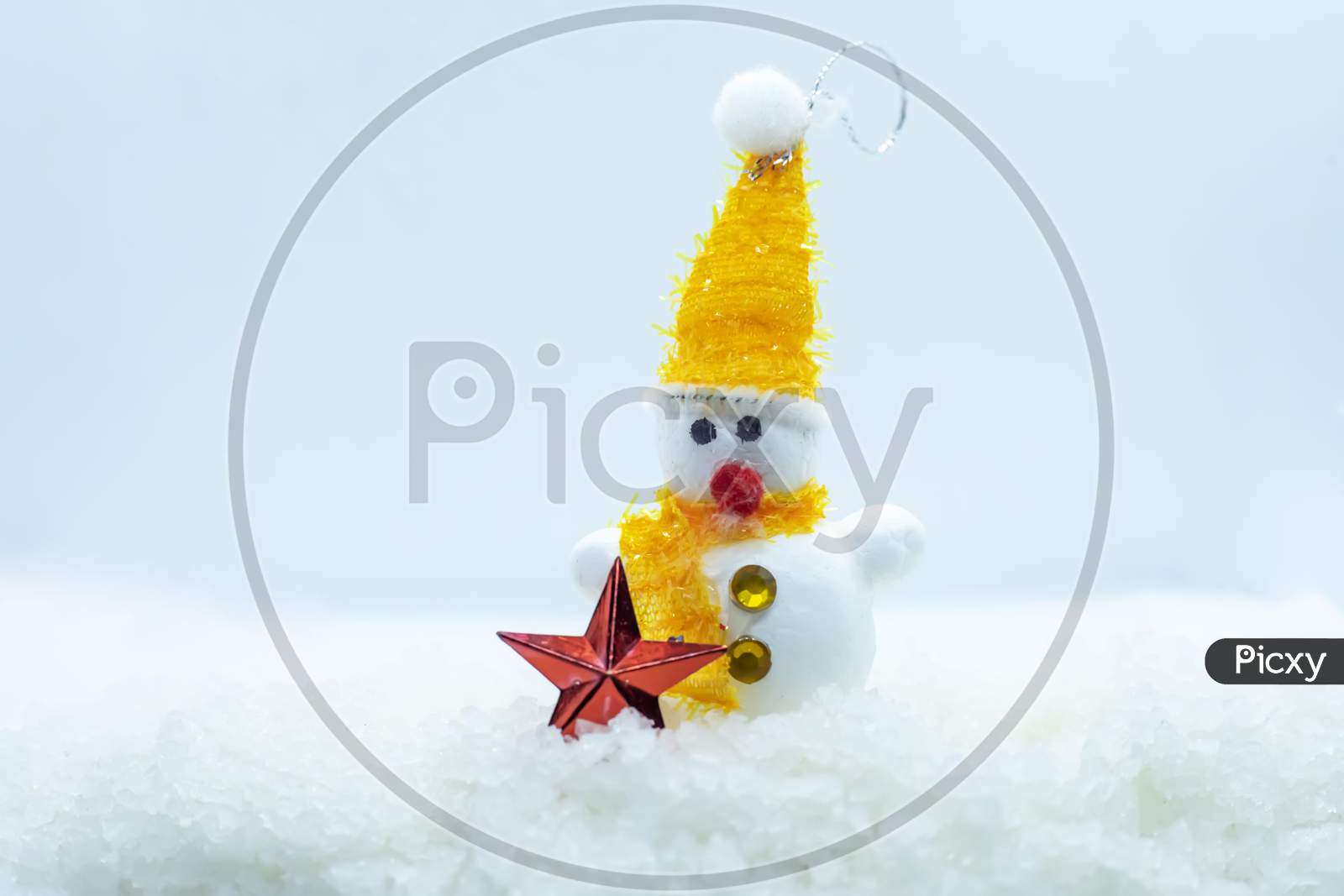 Merry Christmas And Happy New Year Greeting Card . Happy Snowman Standing In Winter Christmas Landscape.