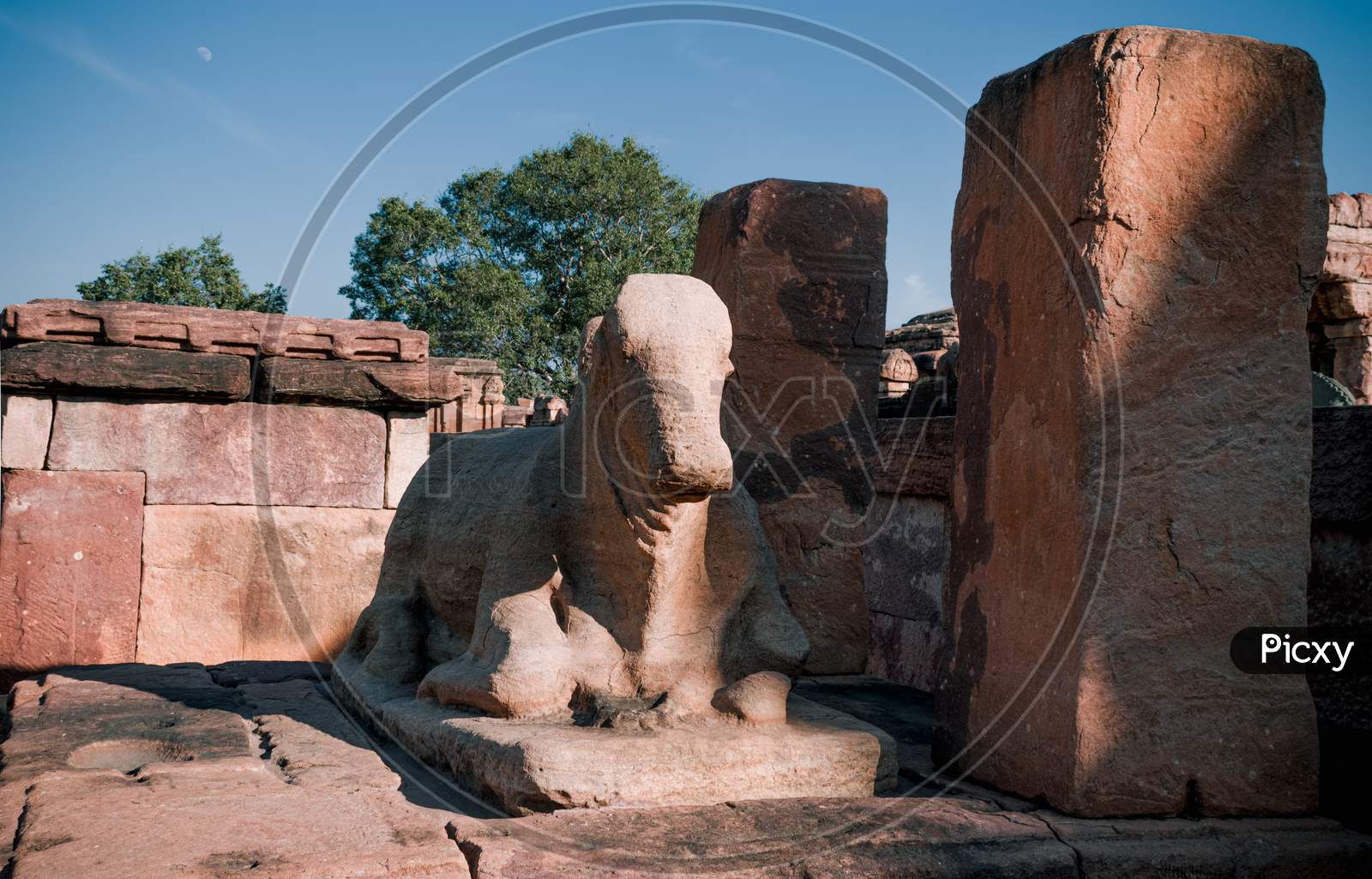 Nandi statue carved in a single sandstone by chalukya's in pattadakal, karnataka.
