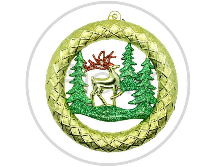 Christmas Ornament: Christmas Decoration On The White Background. Golden Round Frame Christmas Tree With Deer Ornament