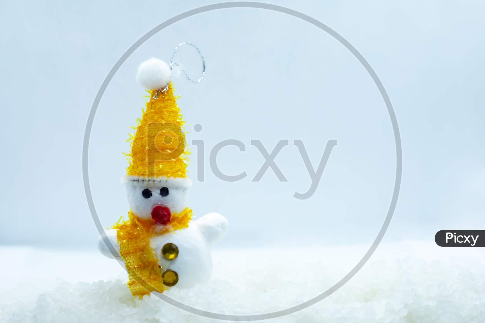 Happy Snowman Standing In Winter Christmas Landscape. Merry Christmas And Happy New Year Greeting Card. Copy Space.