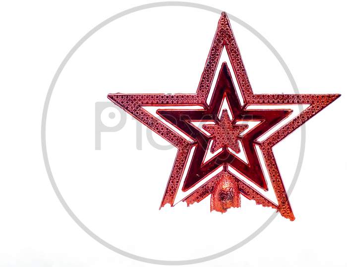 Merry Christmas And Happy New Year Greeting Card. Red Star On Winter Christmas Landscape.