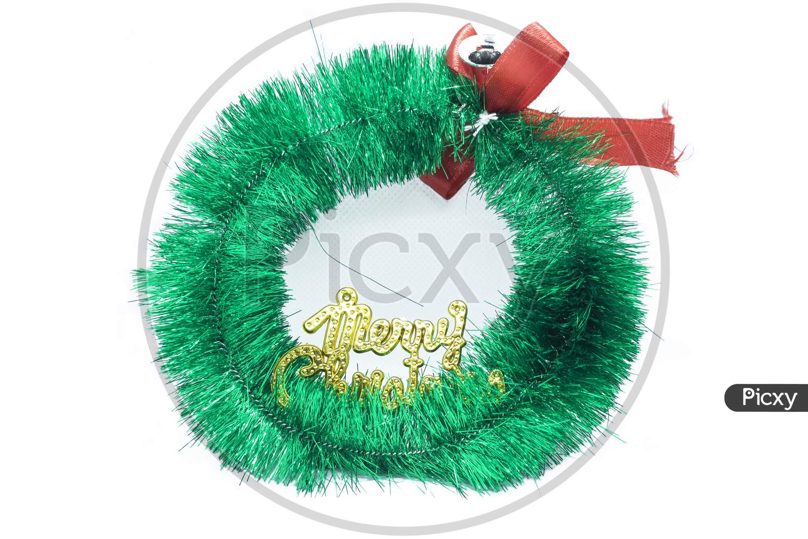 Christmas Wreath, Red Ribbon Bow, Isolated On White Background, Merry Christmas Text, Clipping Path