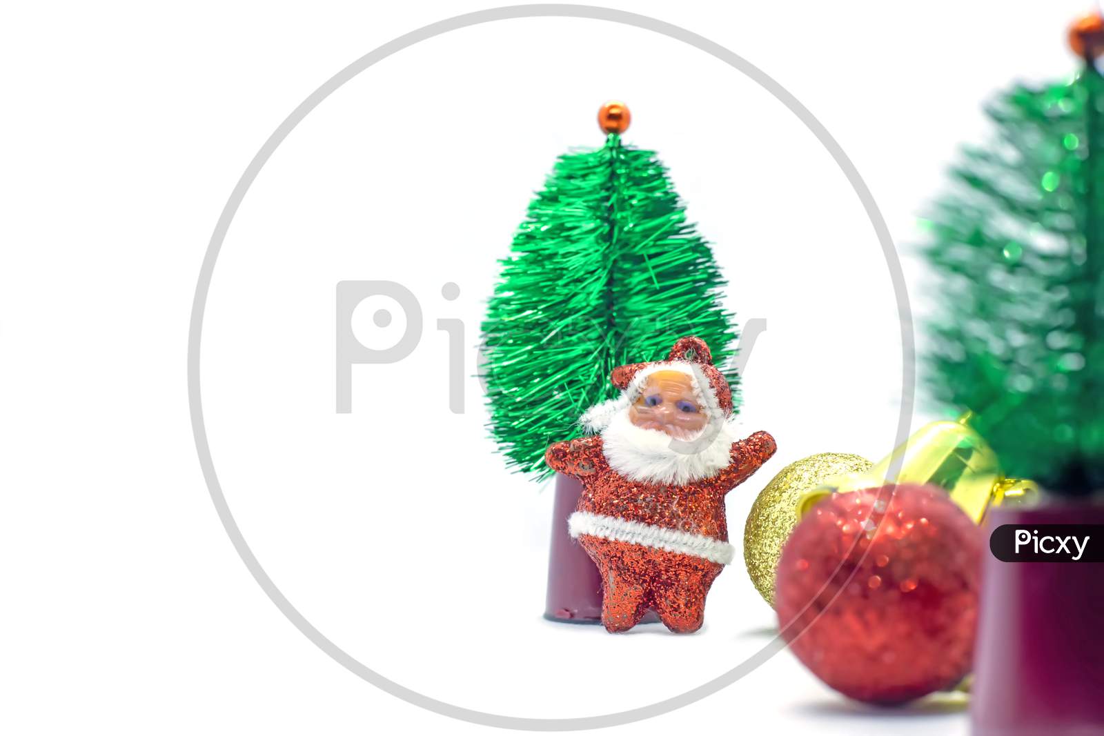 Christmas Card With Santa Claus, Tree On White Background, Gold And Red Balls