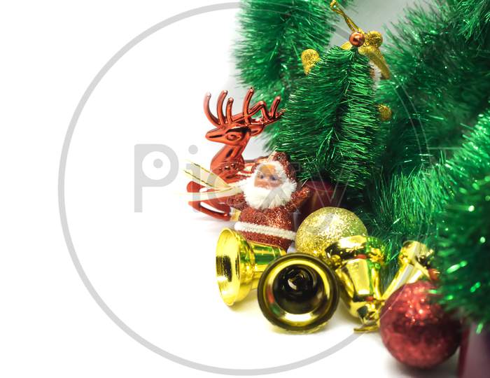 Christmas Card, Santa With Golden Baubles, Balls, Decorations, Ornaments On A White Background