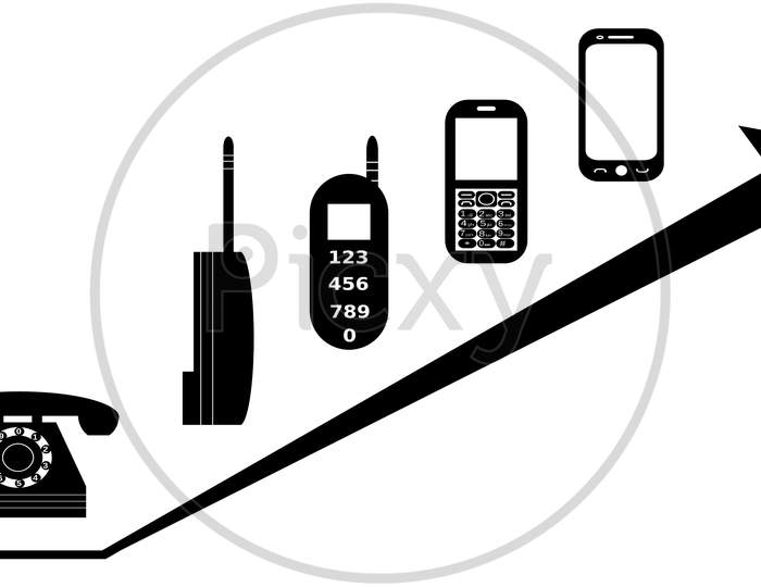 Picture Of A Landline To Smartphone, Phone Journey, Graphic Design In Black And White Color.