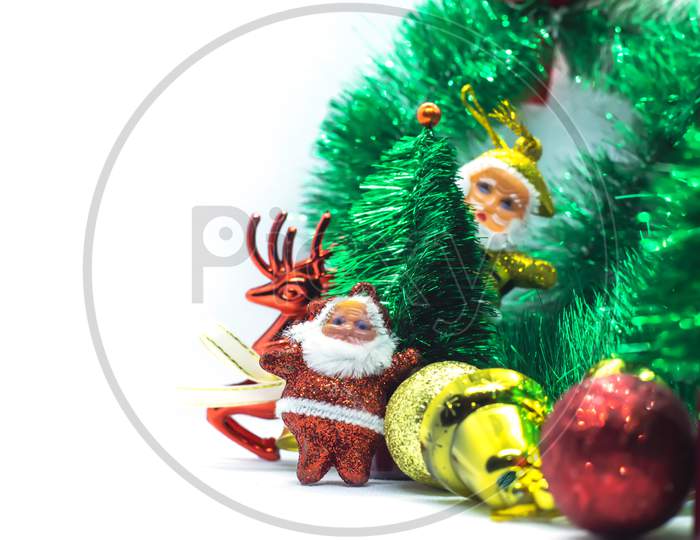 Christmas Tree Ornaments: Santa Claus Miniature With A Tree And Bells, Merry Christmas