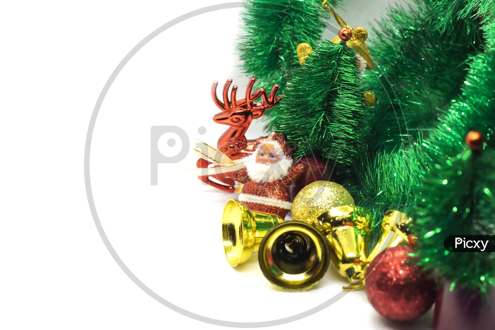 Christmas Card, Santa With Golden Baubles, Balls, Decorations, Ornaments On A White Background
