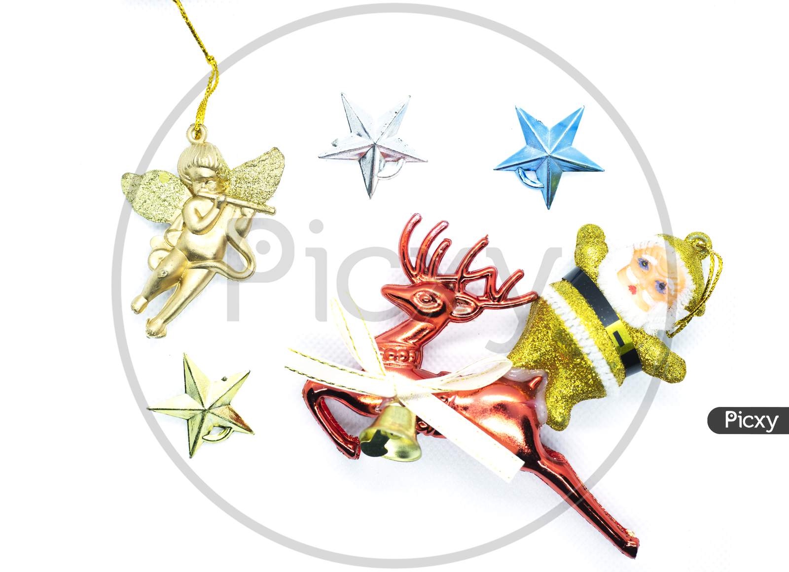 Merry Christmas: Top View Of Santa Claus On A Reindeer Traveling In The Sky With The Star And A Golden Angel