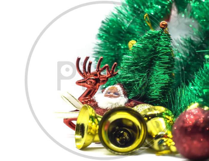 Miniature : Merry Christmas And Happy New Year 2020, Santa Claus Riding A Reindeers, Golden Bell And Red Balls