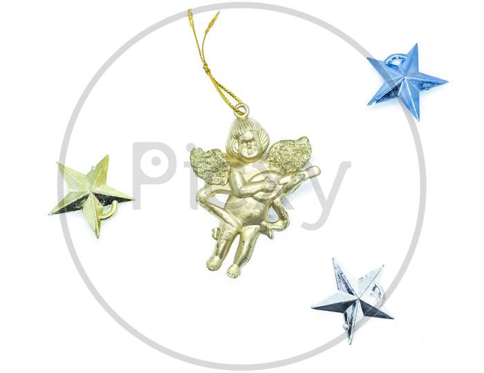 Little Golden Angel Surrounded By Colorful Stars Is Isolated On A White Background