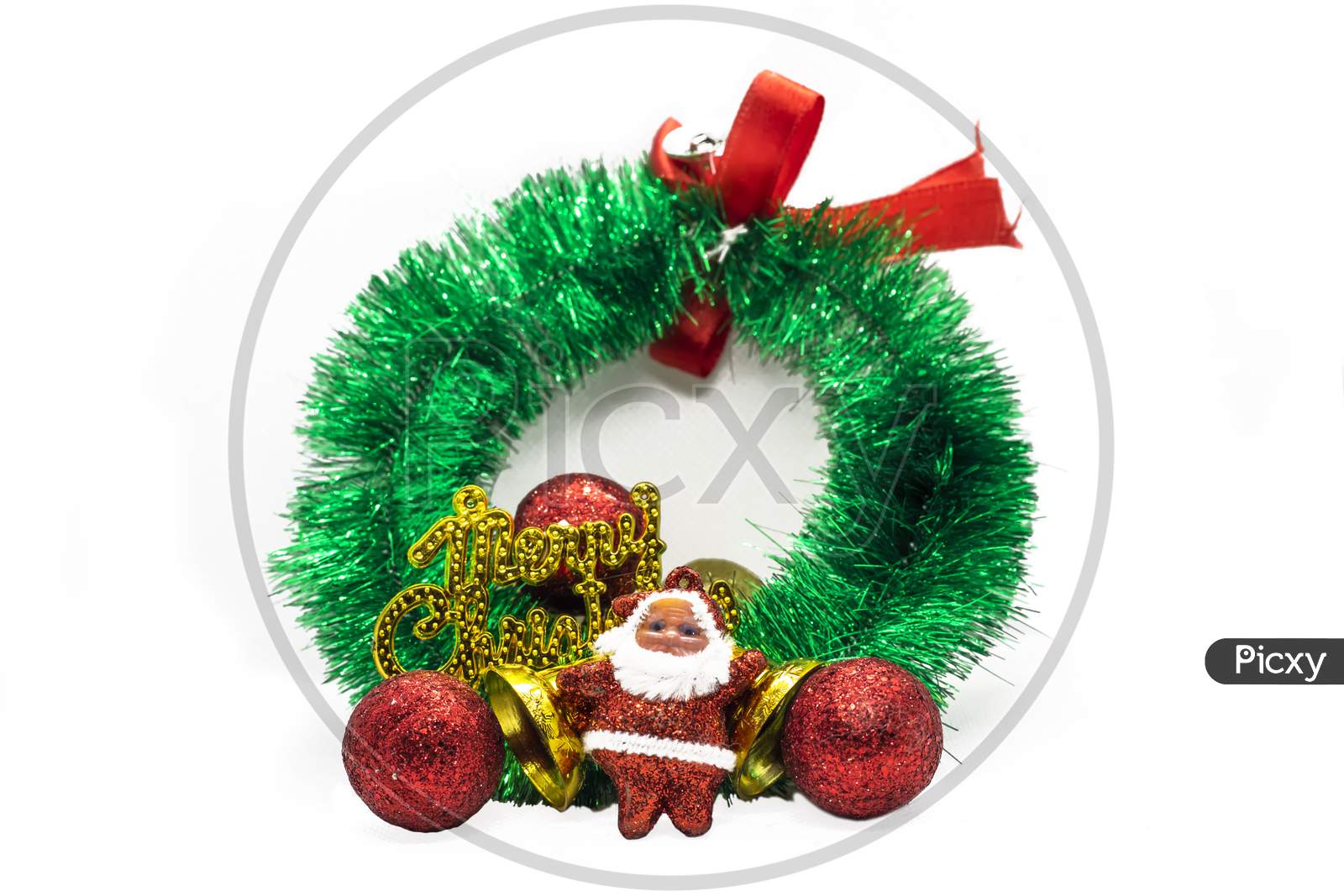 Christmas Garland Decorated With Ornaments, Bubbles And Santa Claus Isolated On A White Background