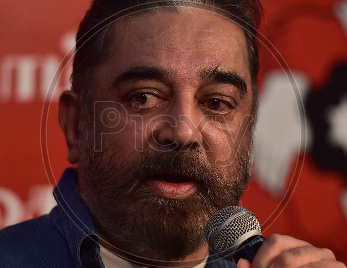 Actor-turned-politician and Makkal Needhi Maiam (MNM) chief Kamal Haasan interacts with the media after former IAS officer Santosh Babu joined his party, in Chennai, Tuesday