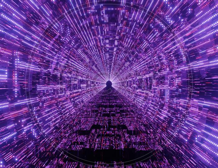 Glowing Abstract Neon Lights Tunnel With Technical Hud Look - A Beautiful Cool Science Fiction 3D Illustration Concert Visual Vj Loop