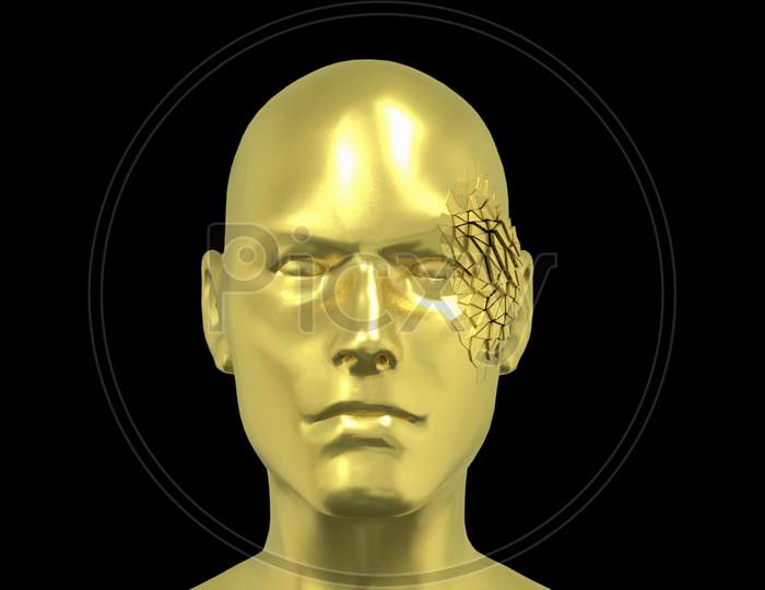 Abstract Human Head , Golden Face Or Sculpture With Realistic Environmental Light Reflections, 4K High Quality, 3D Render