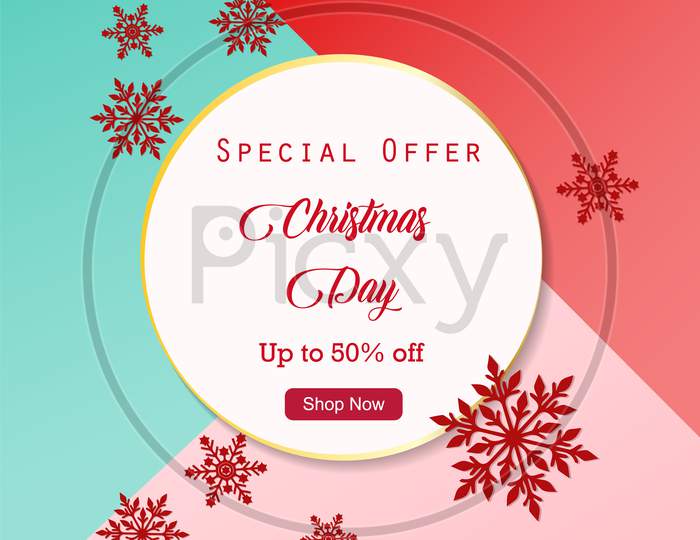Christmas day sale background with paper snowflakes. Vector Illustration.