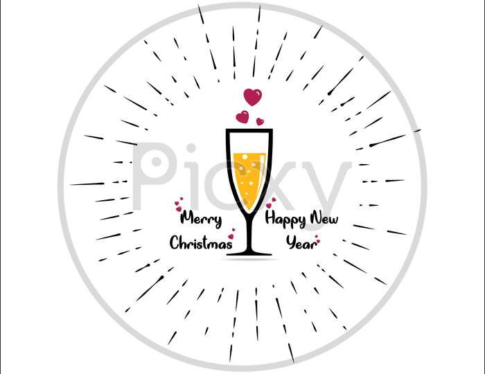 Champagne glass icon with little hearts wishing Merry Christmas and Happy New Year.  Alcohol, splash, beverage. Celebration concept. Vector illustration.