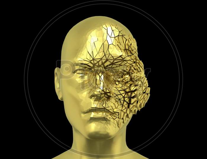 Abstract Human Head Scattering Into Pieces, Golden Face Or Sculpture With Realistic Environmental Light Reflections, 4K High Quality, 3D Render