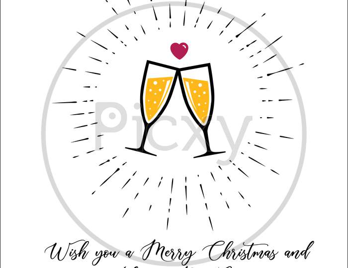 Champagne glass icon with little hearts wishing Merry Christmas and Happy New Year.  Alcohol, splash, beverage. Celebration concept. Vector illustration.