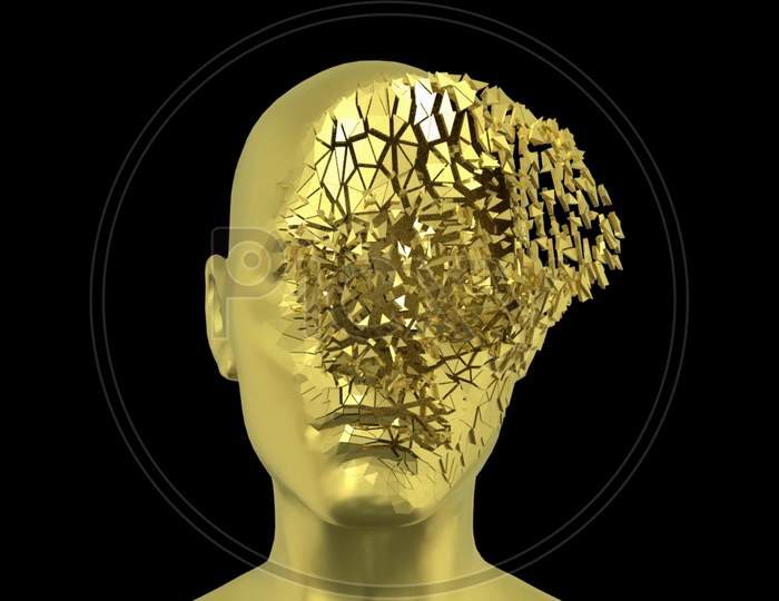 Abstract Human Head Scattering Into Pieces, Golden Face Or Sculpture With Realistic Environmental Light Reflections, 4K High Quality, 3D Render