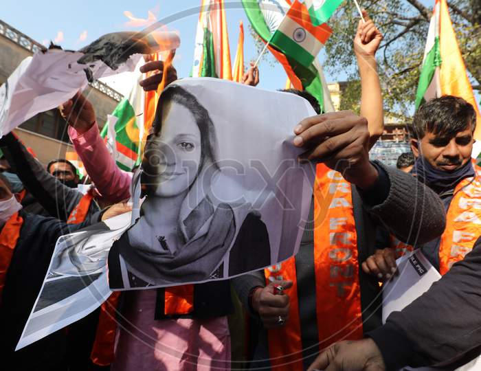 Shiv Sena Dogra front activists staging protest against student activist Shehla Rashid in Jammu ,2 Dec,2020.