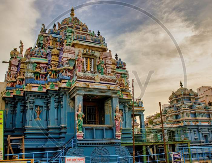 Chennai, South India - October 27, 2018: Closeup Of Ashtalakshmi Temple Against Dramatic Sunset. Hindu Temple Is Located Near Seashore.