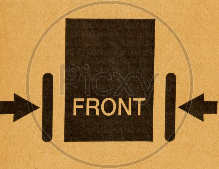 Packaging Symbol To Indicate Front Side Of The Material Inside. Front Side Symbol Used In Logistics And Delivery
