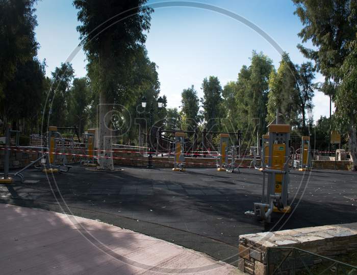 Closed Fitness Area In A Park For Prevention Of Coronavirus