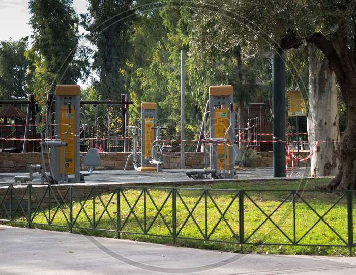 Closed Fitness Area In A Park For Prevention Of Coronavirus