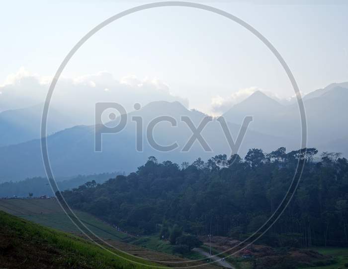 Surrounding Hills And Embankment Of The Banasura Sagar Dam In Wayanad, Kerala, India. It Is The Largest Earth Dam In India And Second Largest In Asia.