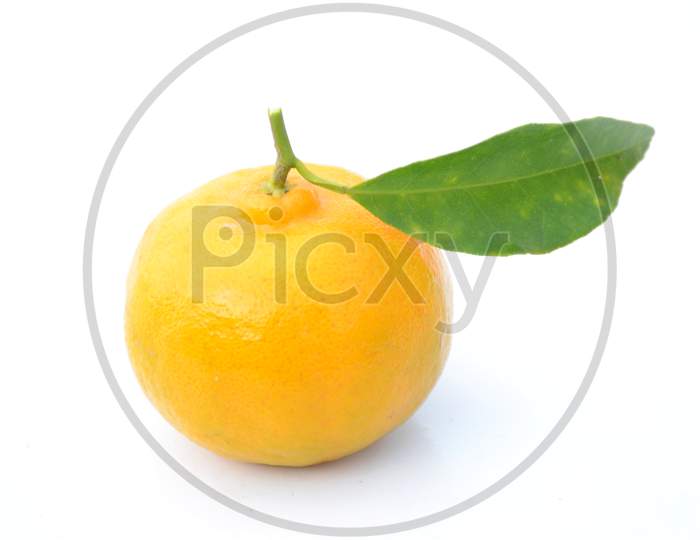 The Ripe Orange Fruit With Green Leaves Isolated On White Background.