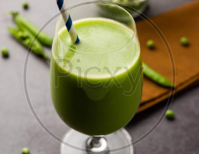 Healthy Green Peas Juice Or Shake Or Beverage Served In A Glass