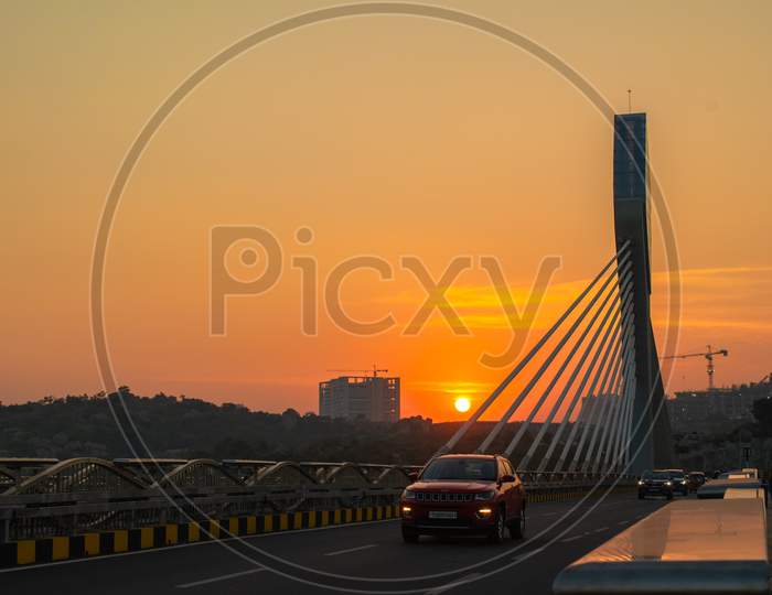 SUNSET VIEW AT DURGAM CHERUVU CABLE STAYED BRIDGE, MADHAPUR, TELANGANA.