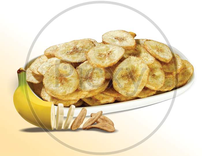 Banana Chips, Dried Banana Chips Snack, Kela Wafer, Salted Wafers, Kerala Cuisine, Fried Spicy And Salty Food, Banana Slices Turning Into Chips, Namkeen Or Fryums